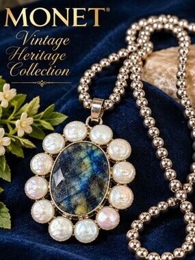 Vintage MONET Labradorite Baroque Pearl Statement Necklace 30" Silver Tone